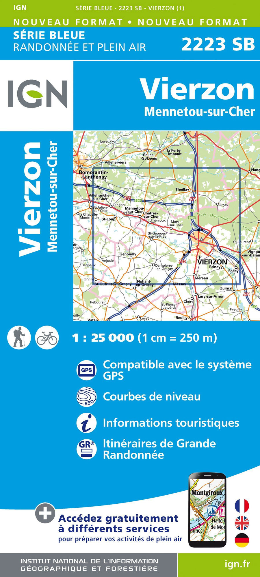Carte de randonnée n° 2223- Vierzon, Mennetou-sur-Cher | IGN - Série Bleue carte pliée IGN 