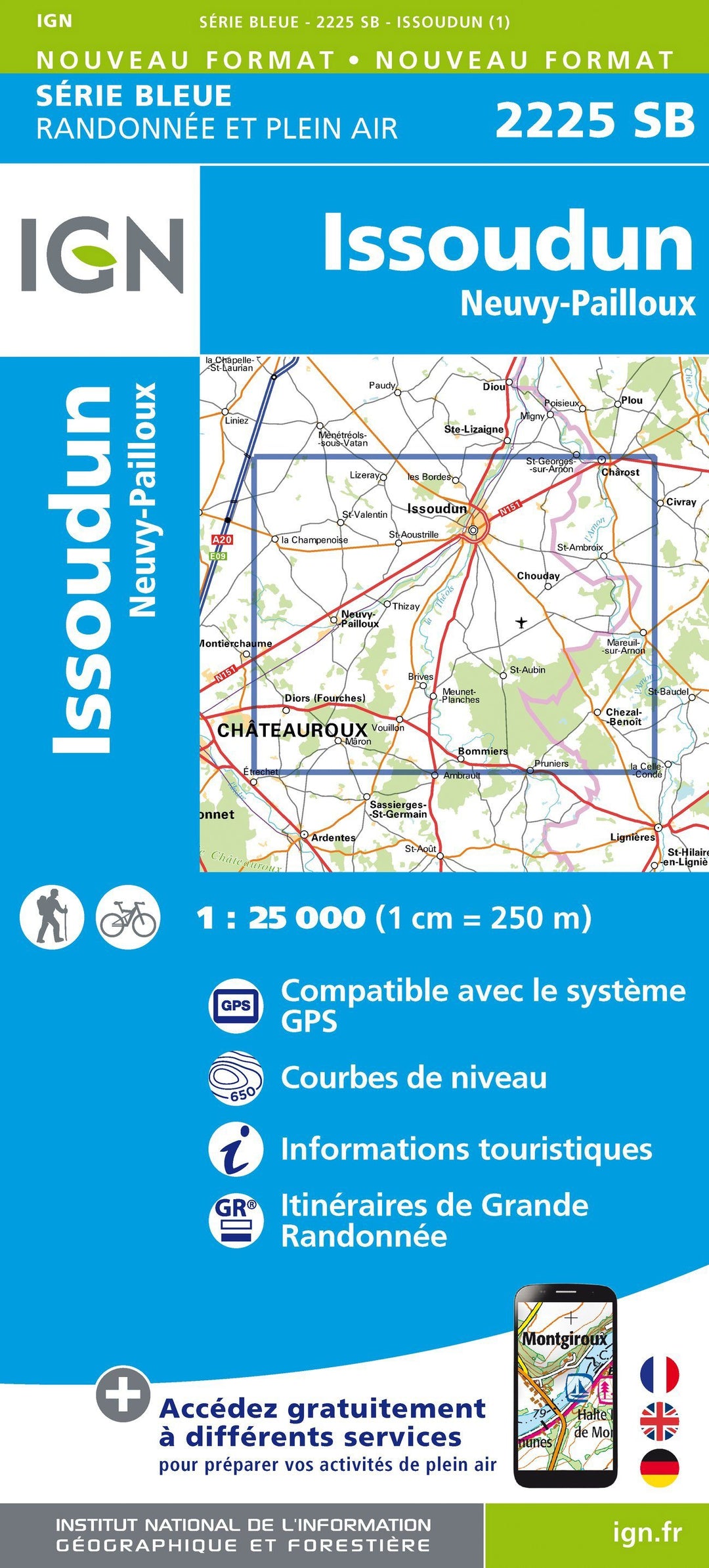 Carte de randonnée n° 2225 - Issoudun, Neuvy-Pailloux | IGN - Série Bleue carte pliée IGN 