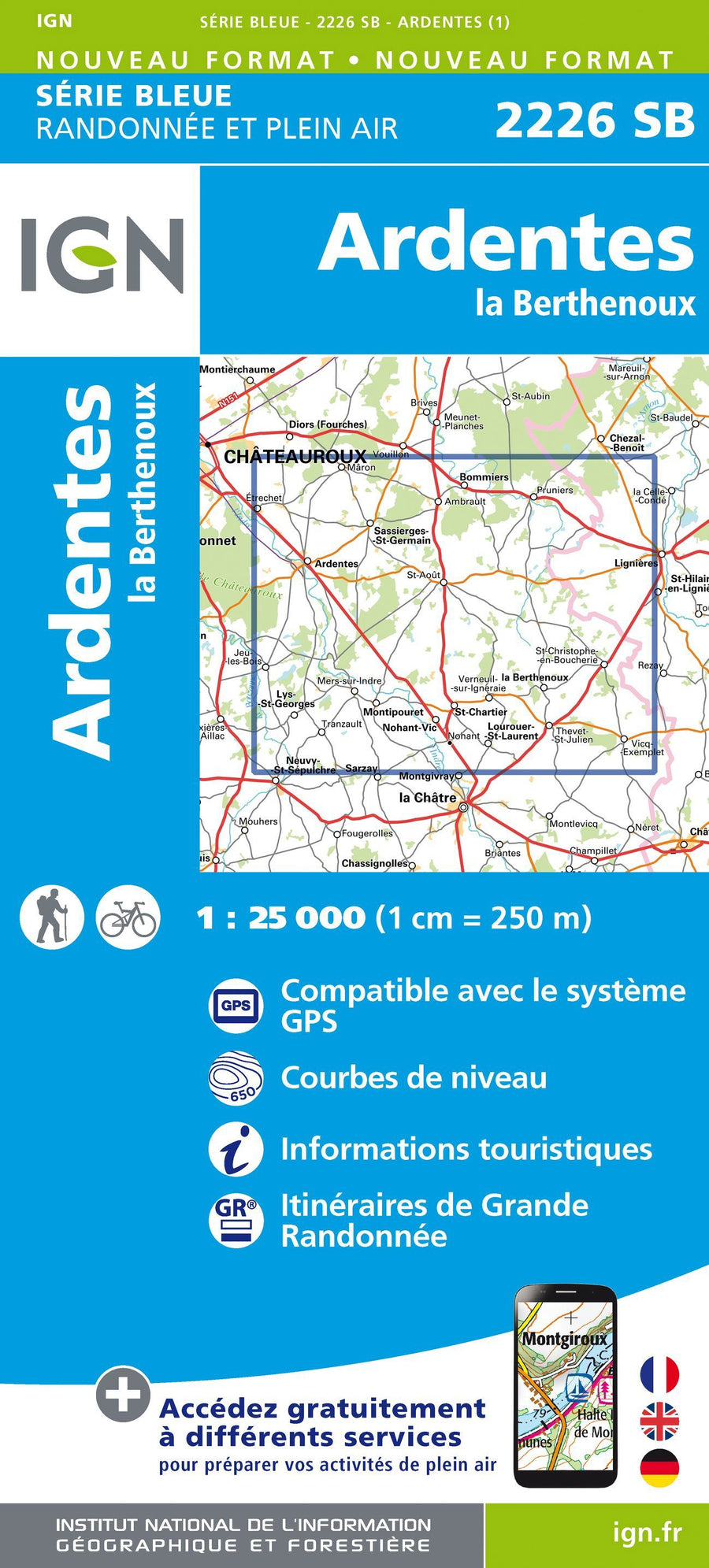 Carte de randonnée n° 2226 - Ardentes, La Berthenoux | IGN - Série Bleue carte pliée IGN 