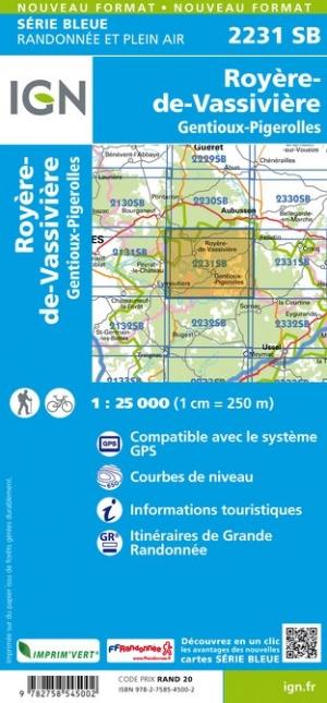 Carte de randonnée n° 2231 - Royère-de-Vassivière, Gentioux-Pigerolles | IGN - Série Bleue carte pliée IGN 
