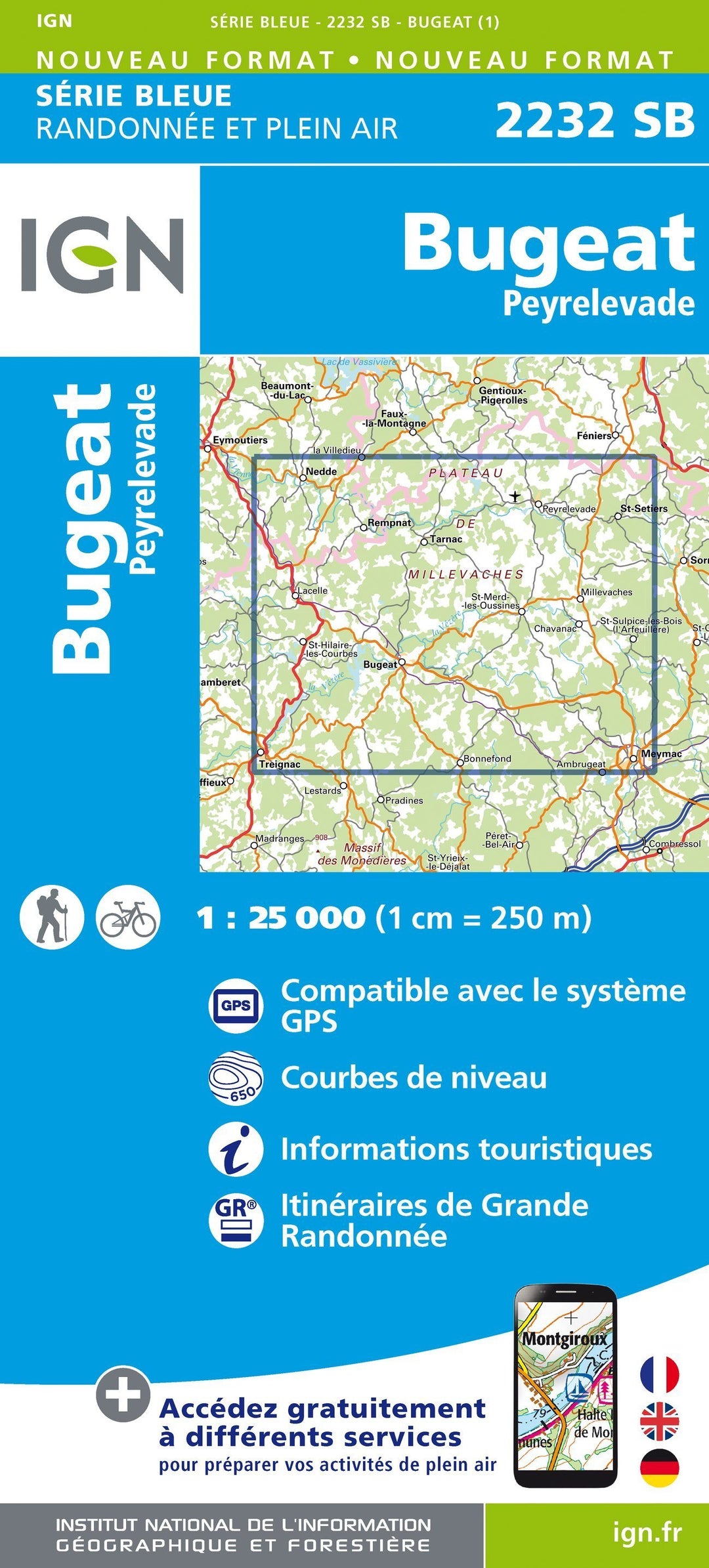 Carte de randonnée n° 2232 - Bugeat, Peyrelevade | IGN - Série Bleue carte pliée IGN 