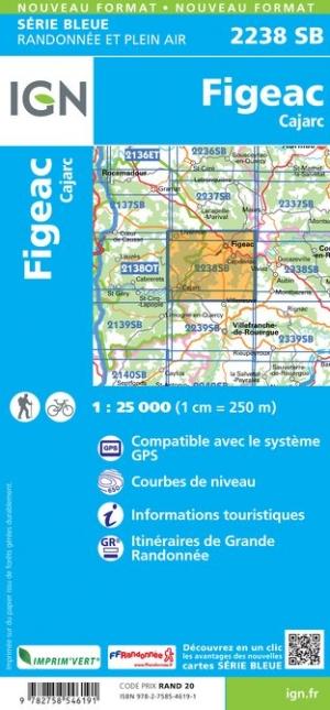 Carte de randonnée n° 2238 - Figeac, Cajarc | IGN - Série Bleue carte pliée IGN 