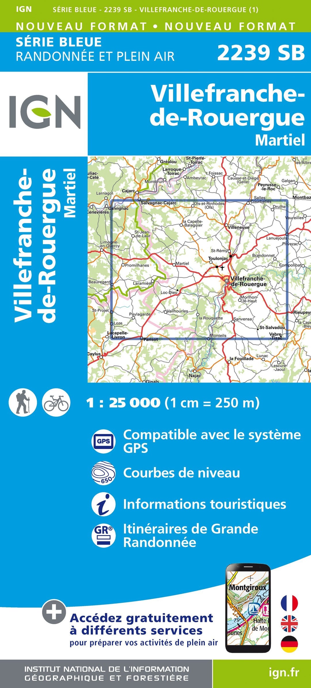 Carte de randonnée n° 2239 - Villefranche-de-Rouergue, Martiel | IGN - Série Bleue carte pliée IGN 