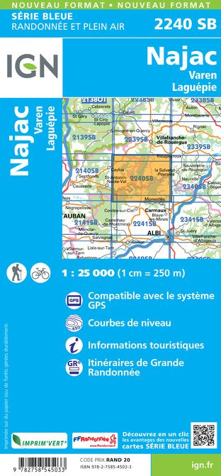 Carte de randonnée n° 2240 - Najac, Varen, Laguépie | IGN - Série Bleue carte pliée IGN 