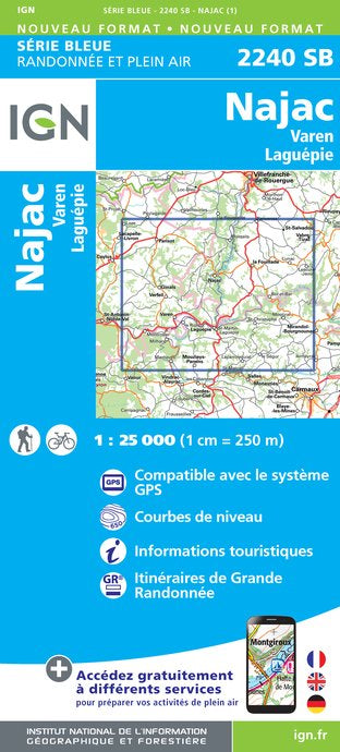 Carte de randonnée n° 2240 - Najac, Varen, Laguépie | IGN - Série Bleue carte pliée IGN 