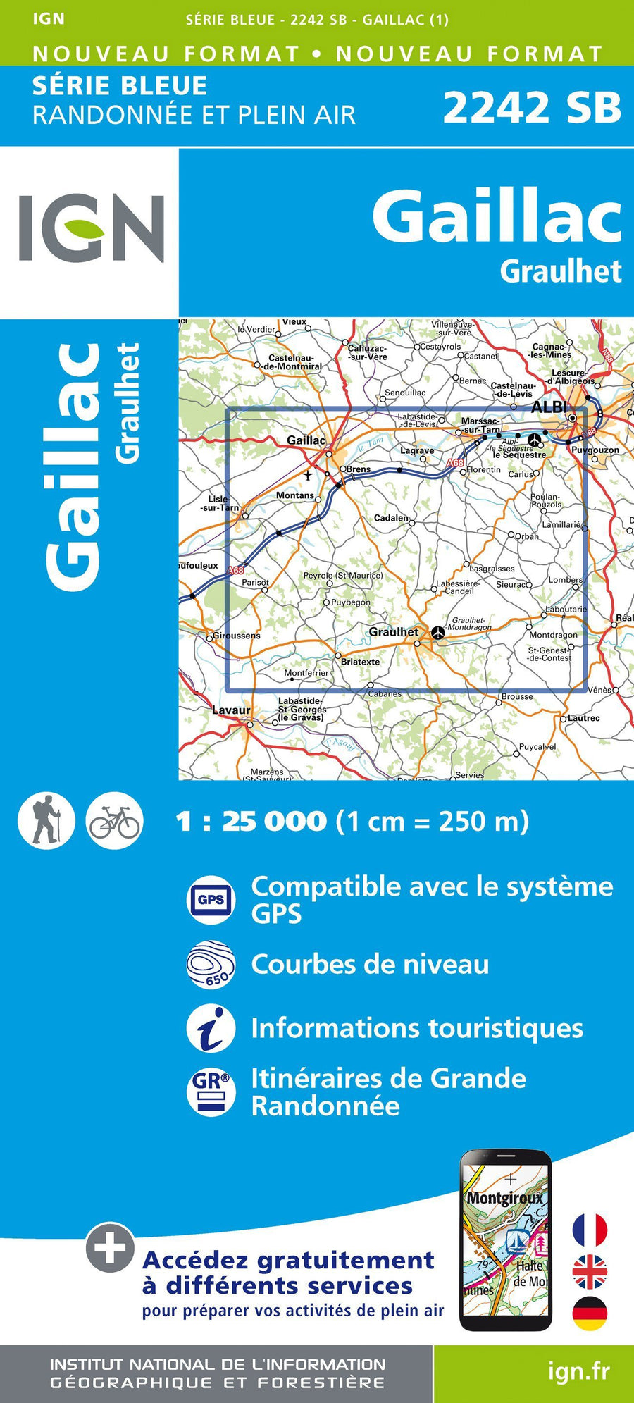 Carte de randonnée n° 2242 - Gaillac, Graulhet | IGN - Série Bleue carte pliée IGN 
