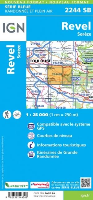 Carte de randonnée n° 2244 - Revel, Sorèze | IGN - Série Bleue carte pliée IGN 