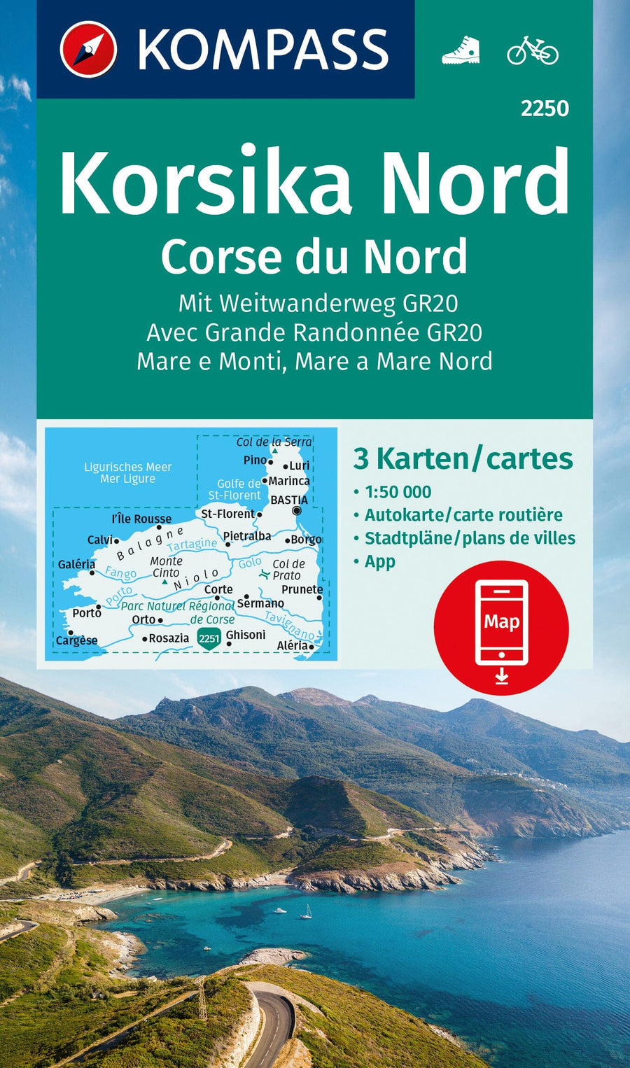 Carte de randonnée n° 2250 - Corse du Nord | Kompass carte pliée Kompass 