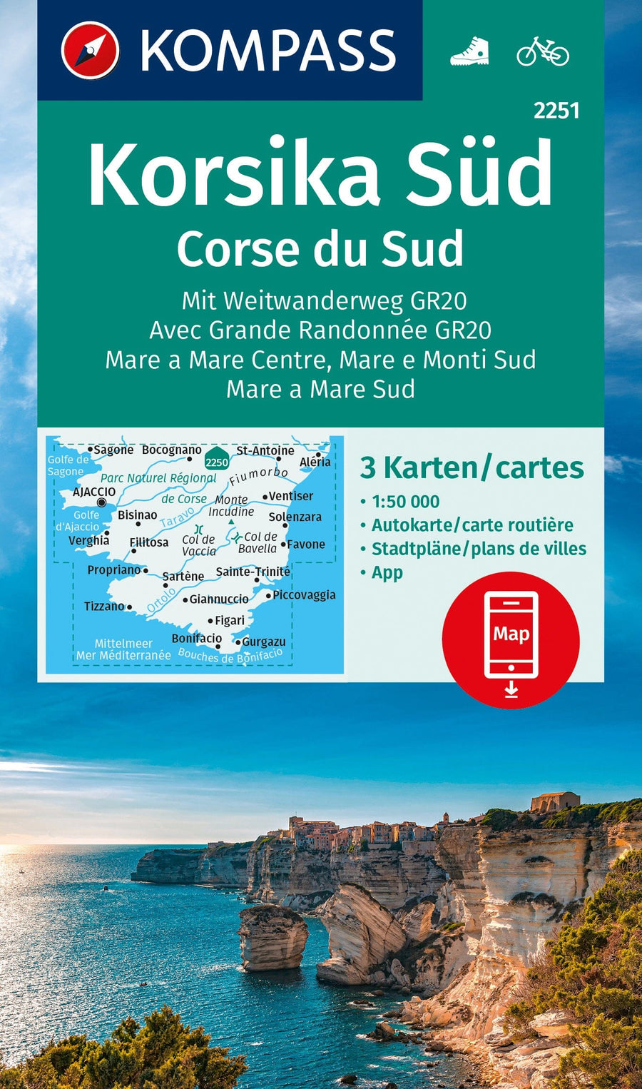 Carte de randonnée n° 2251 - Corse Sud (lot de 3)+ Activ Guide | Kompass carte pliée Kompass 