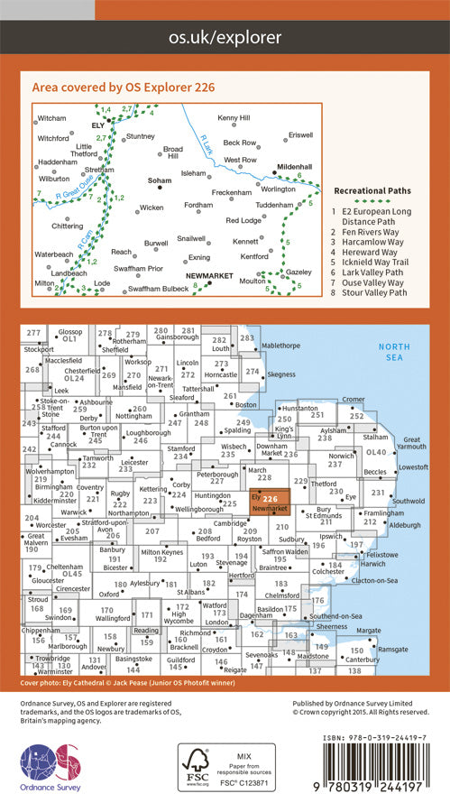 Carte de randonnée n° 226 - Ely, Newmarket, Mildenhall, Soham (Grande Bretagne) | Ordnance Survey - Explorer carte pliée Ordnance Survey Papier 