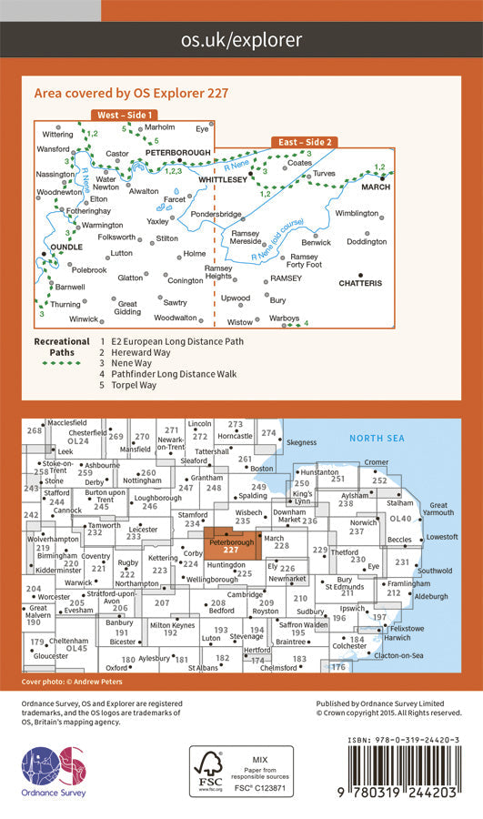 Carte de randonnée n° 227 - Peterborough /March, Whittlesey, Chatteris, Oundle (Grande Bretagne) | Ordnance Survey - Explorer carte pliée Ordnance Survey Papier 