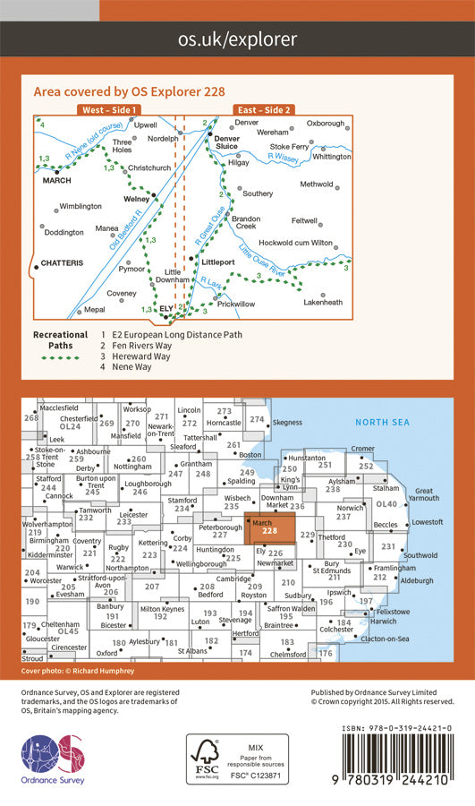 Carte de randonnée n° 228 - March, Ely, Chatteris, Littleport (Grande Bretagne) | Ordnance Survey - Explorer carte pliée Ordnance Survey Papier 