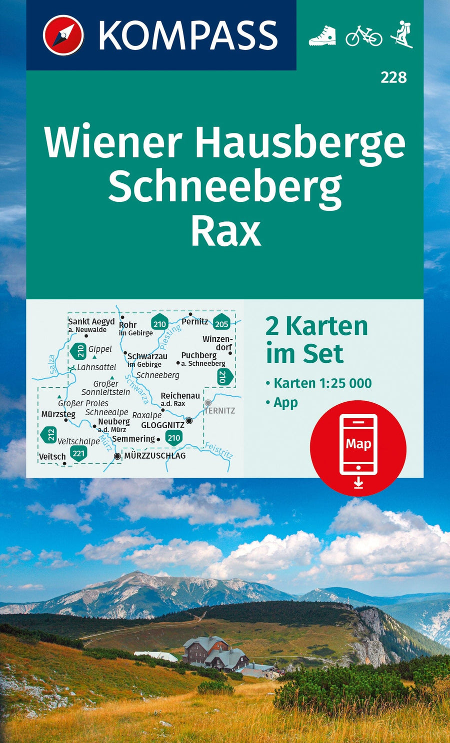 Carte de randonnée n° 228 - Wiener Hausberge, Schneeberg 2, Rax + Naturführer (Autriche) | Kompass carte pliée Kompass 