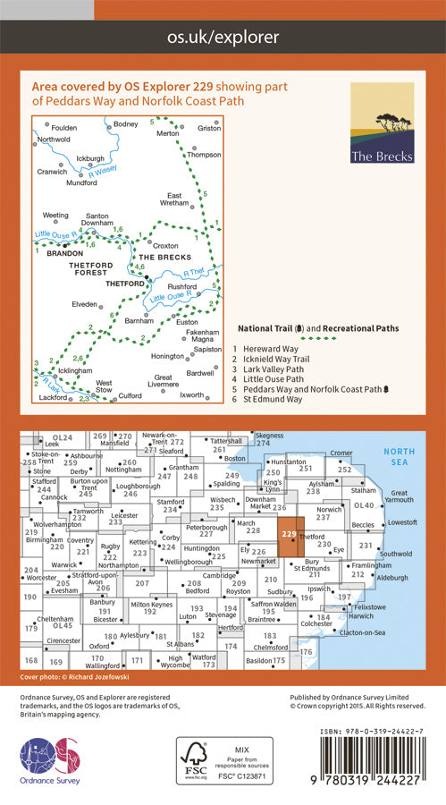 Carte de randonnée n° 229 - Thetford Forest in The Brecks, Thetford & Brandon (Grande Bretagne) | Ordnance Survey - Explorer carte pliée Ordnance Survey Papier 