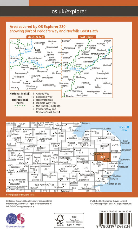 Carte de randonnée n° 230 - Diss, Harleston, East Harling, Stanton (Grande Bretagne) | Ordnance Survey - Explorer carte pliée Ordnance Survey Papier 