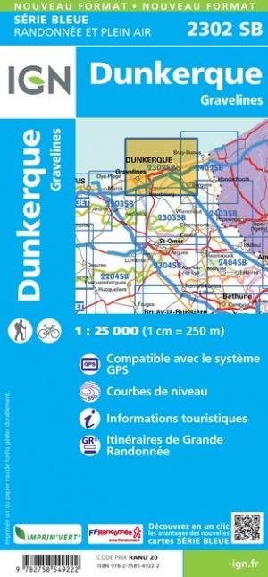 Carte de randonnée n° 2302 - Dunkerque, Gravelines | IGN - Série Bleue carte pliée IGN 