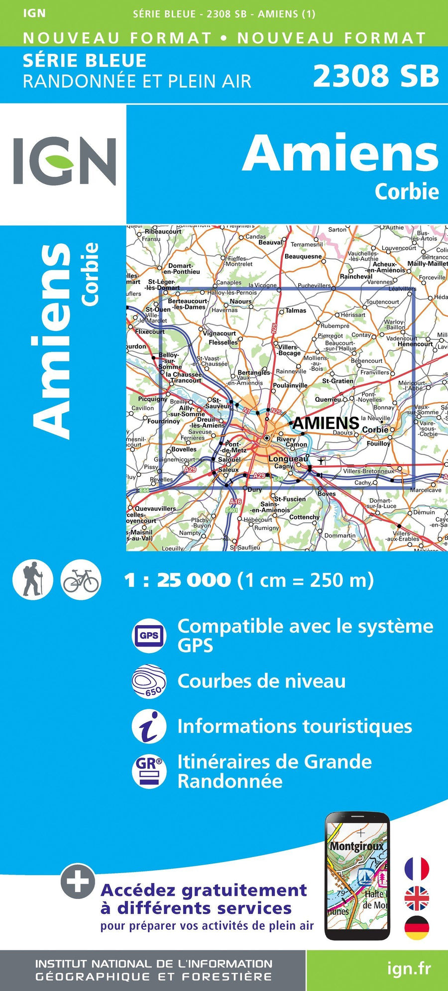Carte de randonnée n° 2308 - Amiens, Corbi | IGN - Série Bleue carte pliée IGN 