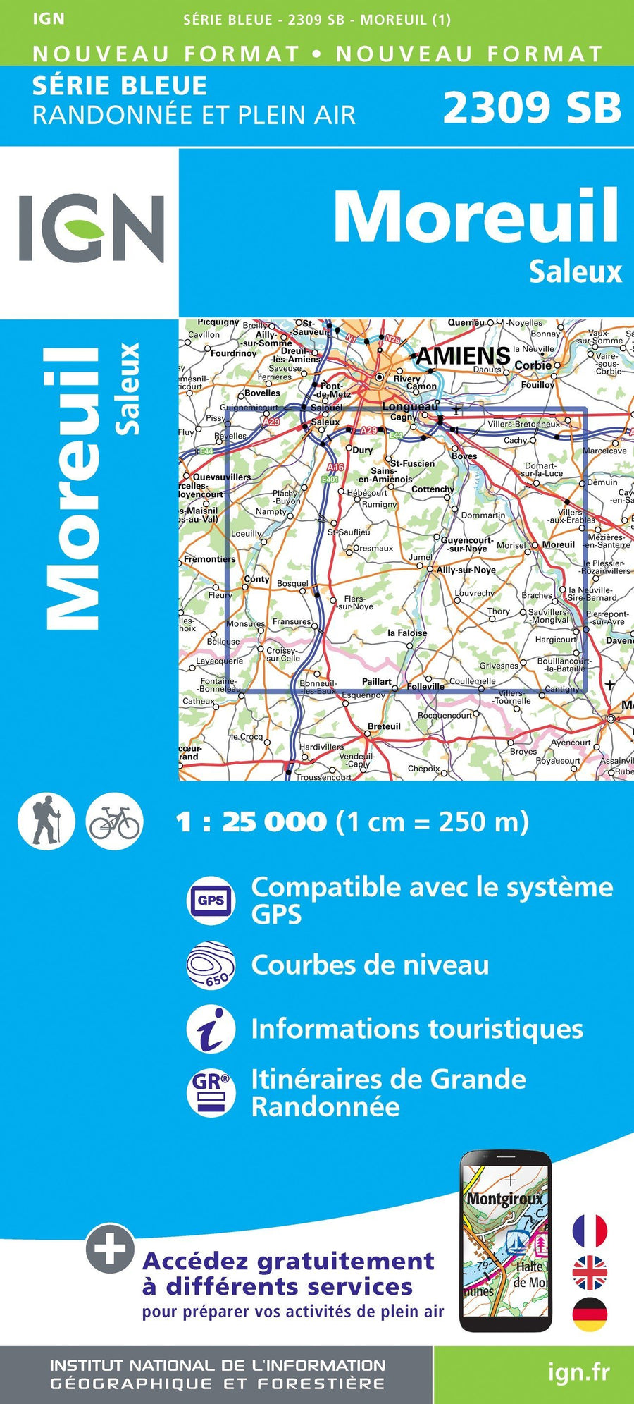 Carte de randonnée n° 2309 - Moreuil, Saleux | IGN - Série Bleue carte pliée IGN 