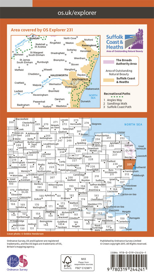 Carte de randonnée n° 231 - Southwold, Bungay, Halesworth, Kessingland (Grande Bretagne) | Ordnance Survey - Explorer carte pliée Ordnance Survey Papier 