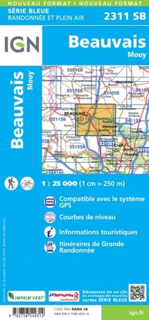 Carte de randonnée n° 2311 - Beauvais, Mouy | IGN - Série Bleue carte pliée IGN 
