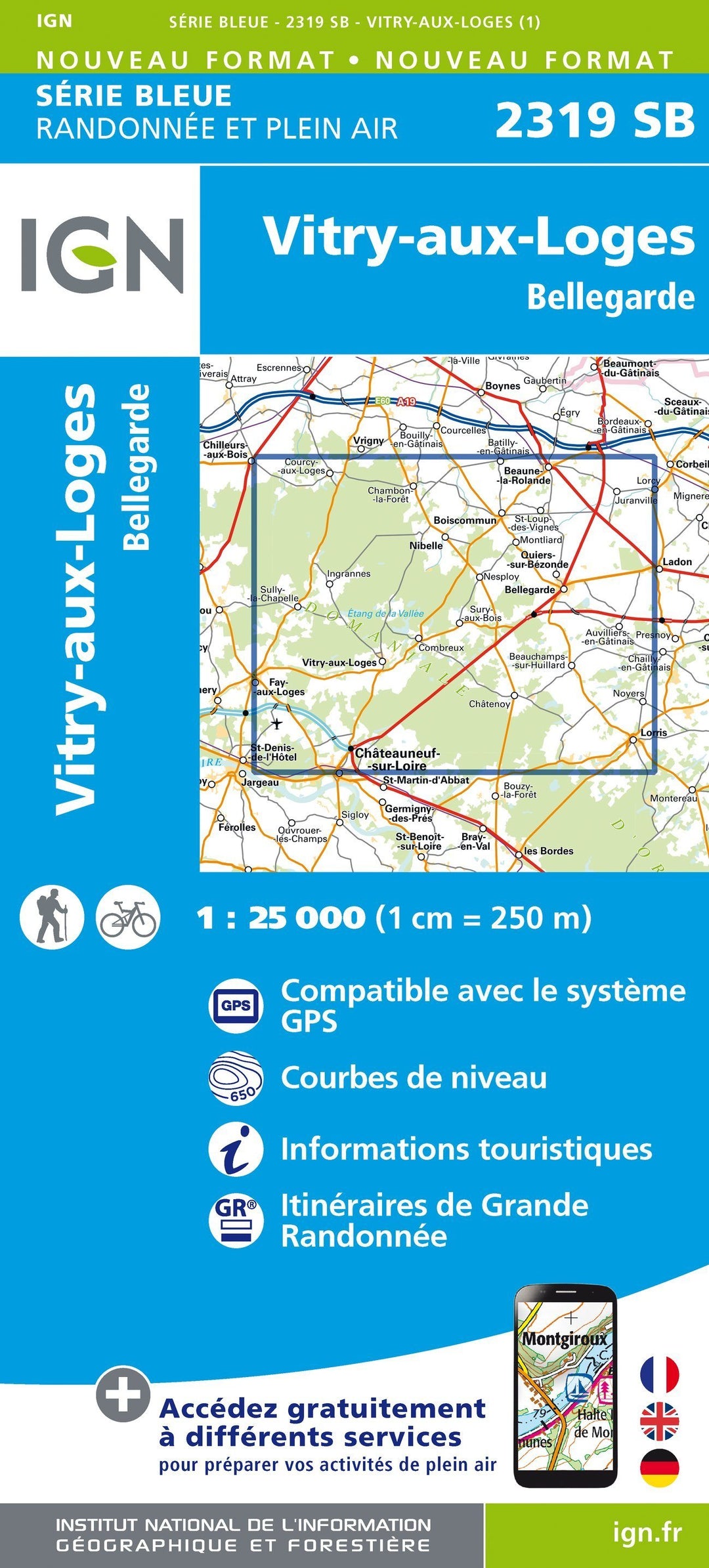 Carte de randonnée n° 2319 - Vitry-aux-Loges, Bellegarde | IGN - Série Bleue carte pliée IGN 