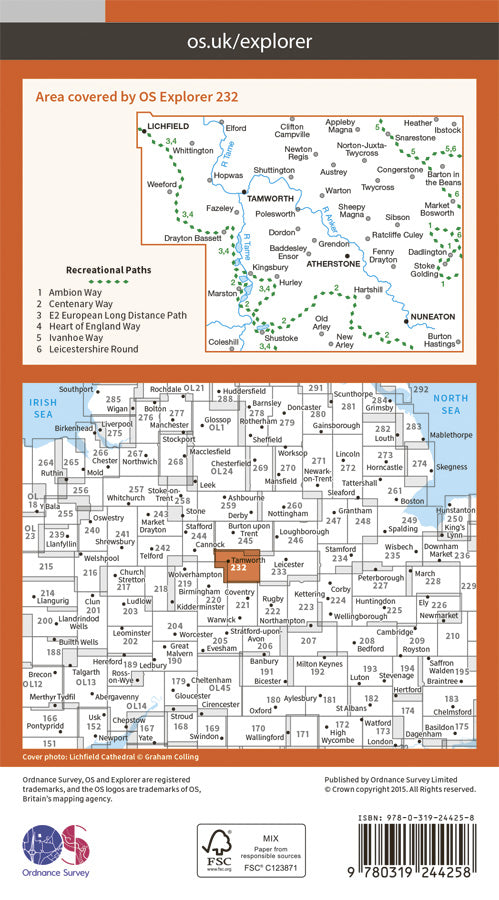 Carte de randonnée n° 232 - Nuneaton, Tamworth (Grande Bretagne) | Ordnance Survey - Explorer carte pliée Ordnance Survey Papier 