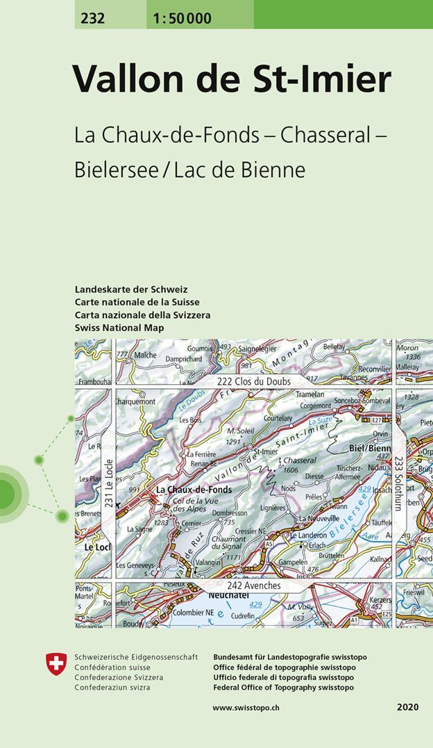 Carte de randonnée n° 232 - Vallon de St-Imier (Suisse) | Swisstopo - 1/50 000 carte pliée Swisstopo 