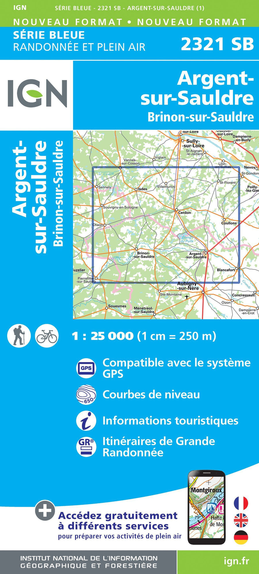 Carte de randonnée n° 2321 - Argent-sur-Sauldre, Brinon-sur-Sauldre | IGN - Série Bleue carte pliée IGN 
