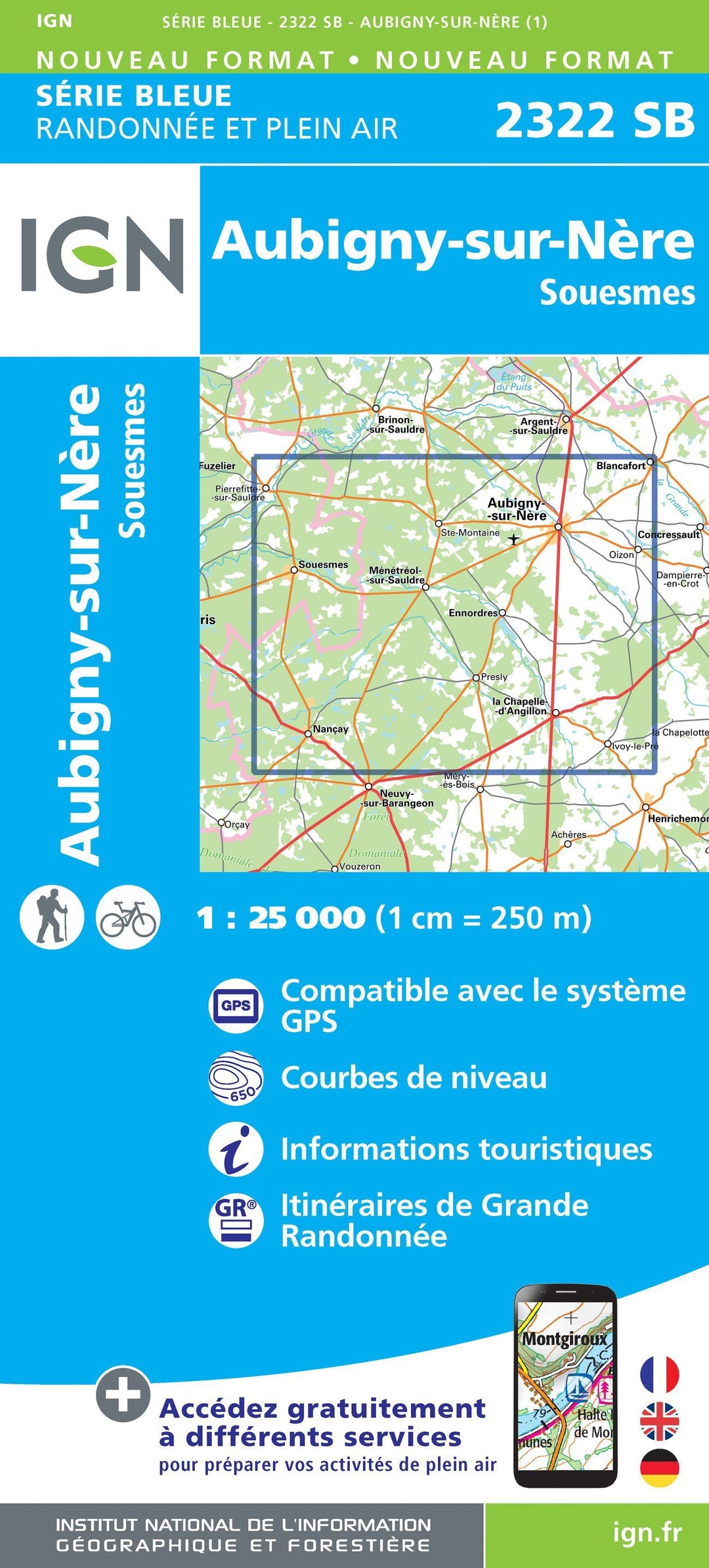 Carte de randonnée n° 2322 - Aubigny-sur-Nère, Souesmes | IGN - Série Bleue carte pliée IGN 
