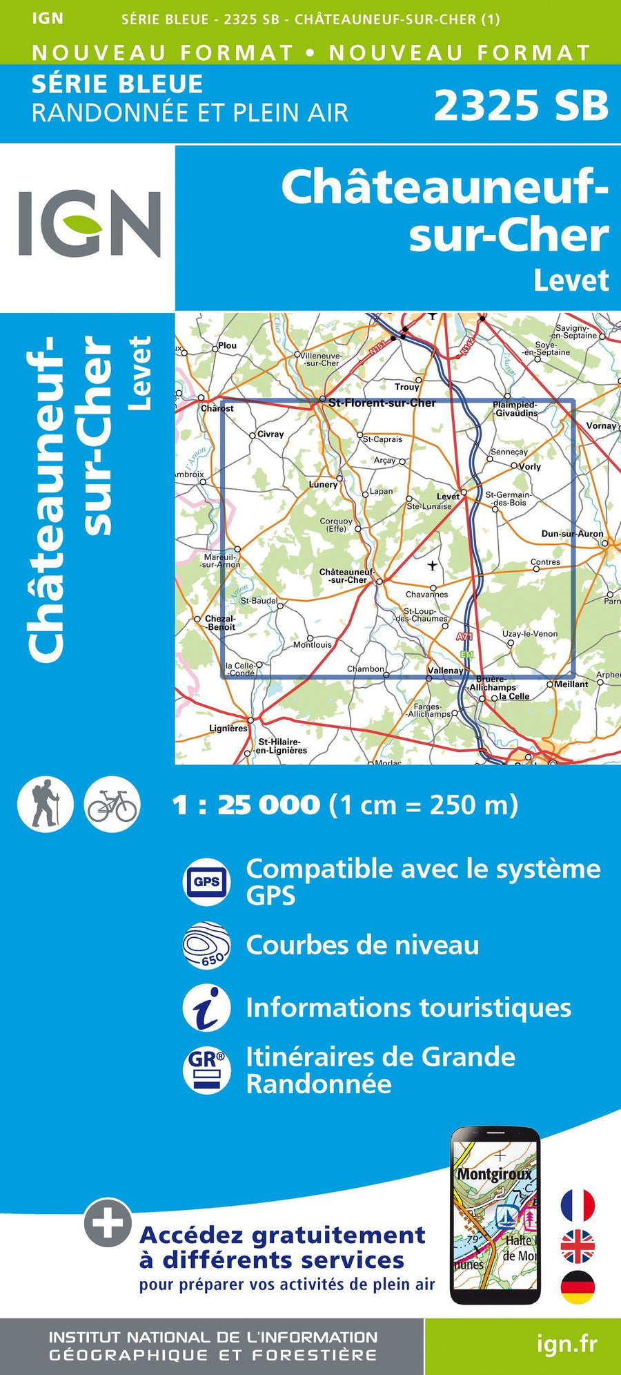 Carte de randonnée n° 2325 - Châteauneuf-sur-Cher, Levet | IGN - Série Bleue carte pliée IGN 