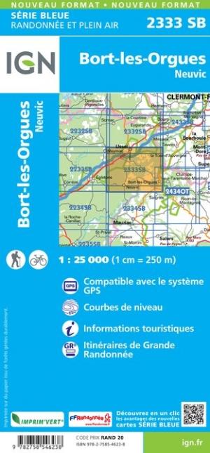 Carte de randonnée n° 2333 - Bort-les-Orgues, Neuvic (Corrèze) | IGN - Série Bleue carte pliée IGN 