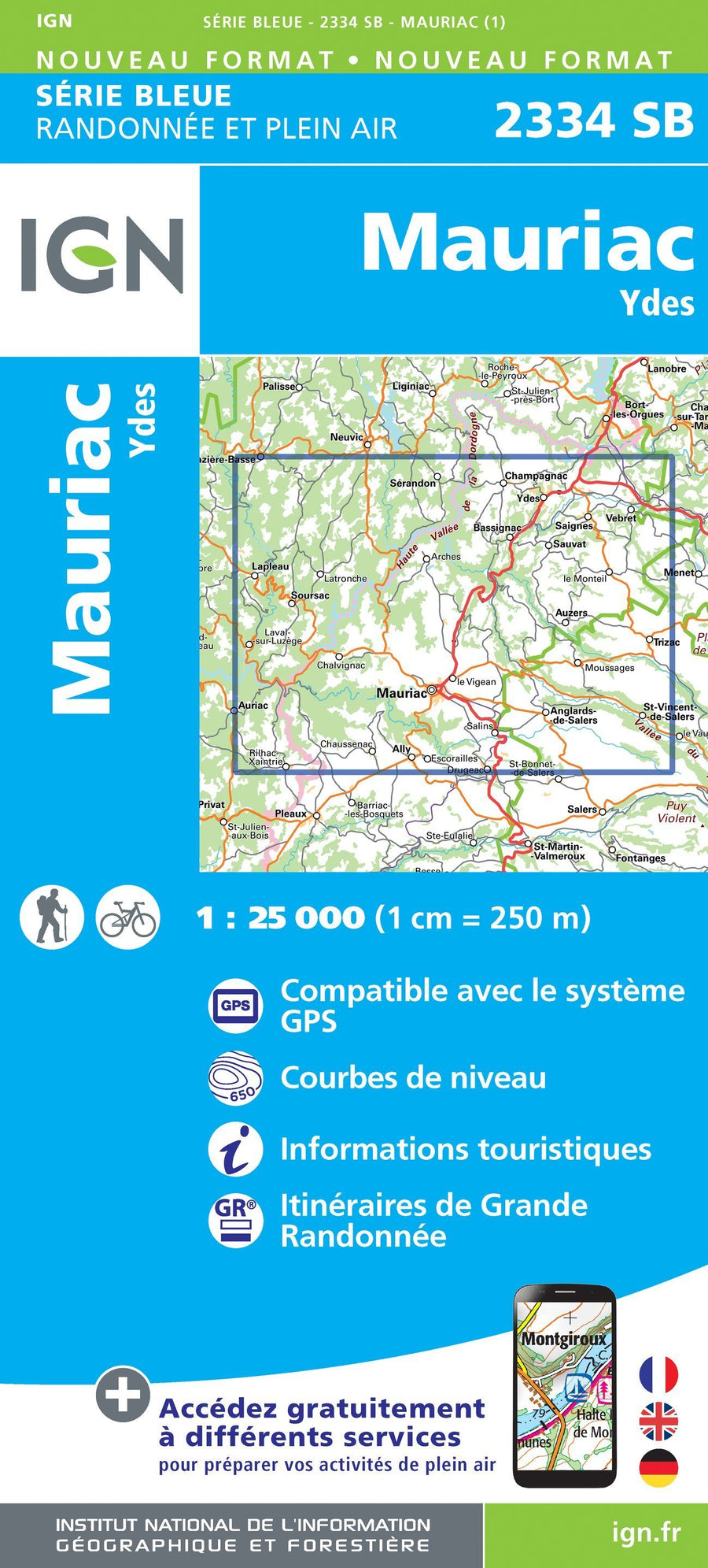 Carte de randonnée n° 2334 - Mauriac, Ydes (Cantal) | IGN - Série Bleue carte pliée IGN 