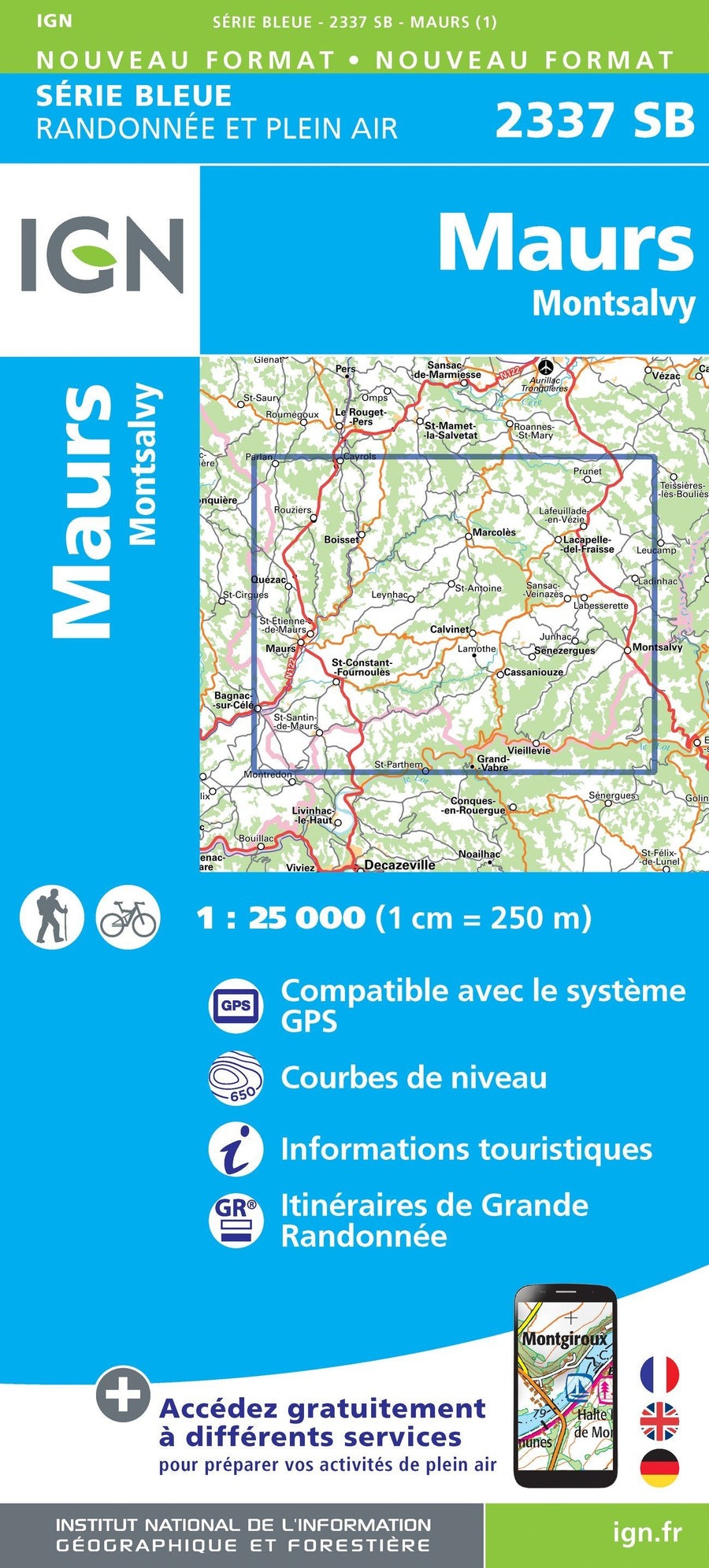 Carte de randonnée n° 2337 - Maurs, Montsalvy | IGN - Série Bleue carte pliée IGN 