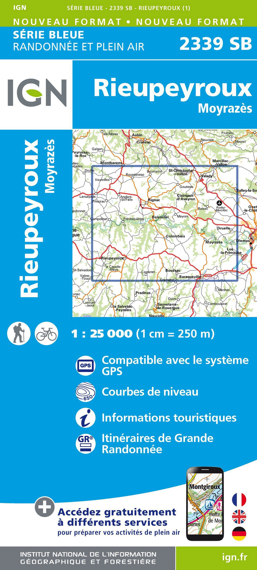 Carte de randonnée n° 2339 - Rieupeyroux, Moyrazès | IGN - Série Bleue carte pliée IGN 