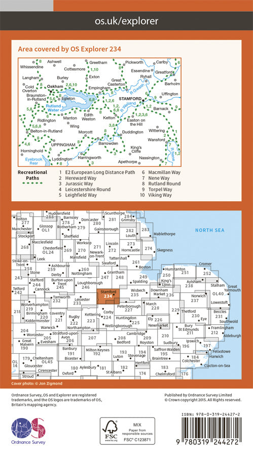 Carte de randonnée n° 234 - Rutland Water, Stamford, Oakham (Grande Bretagne) | Ordnance Survey - Explorer carte pliée Ordnance Survey Papier 