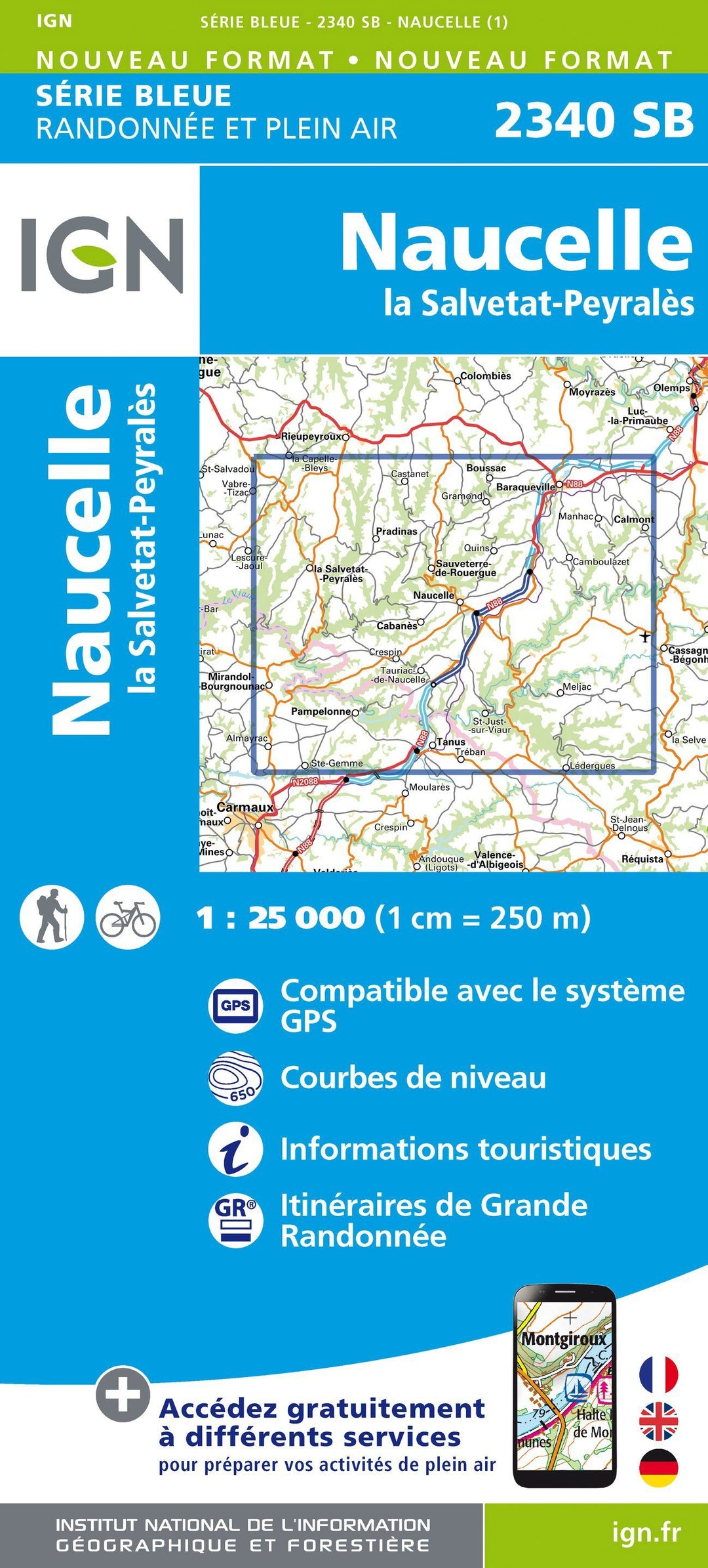 Carte de randonnée n° 2340 - Naucelle, la Salvetat, Peyrales | IGN - Série Bleue carte pliée IGN 