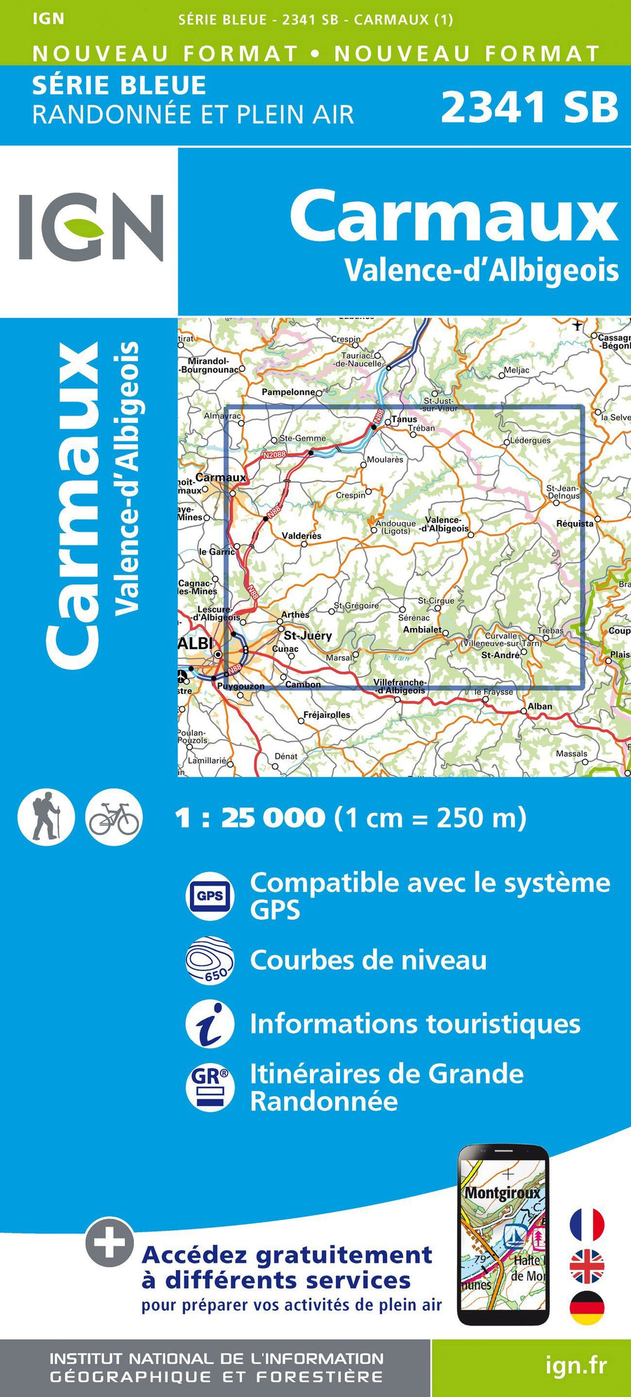 Carte de randonnée n° 2341 - Carmaux, Valence-d'Albigeois | IGN - Série Bleue carte pliée IGN 