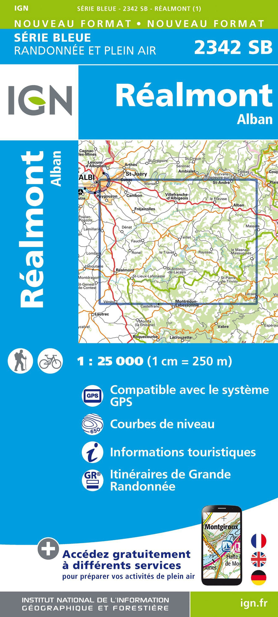 Carte de randonnée n° 2342 - Réalmont, Alban | IGN - Série Bleue carte pliée IGN 
