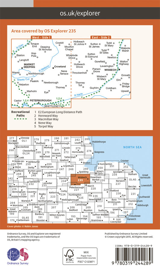 Carte de randonnée n° 235 - Wisbech, Peterborough North, Market Deeping (Grande Bretagne) | Ordnance Survey - Explorer carte pliée Ordnance Survey Papier 
