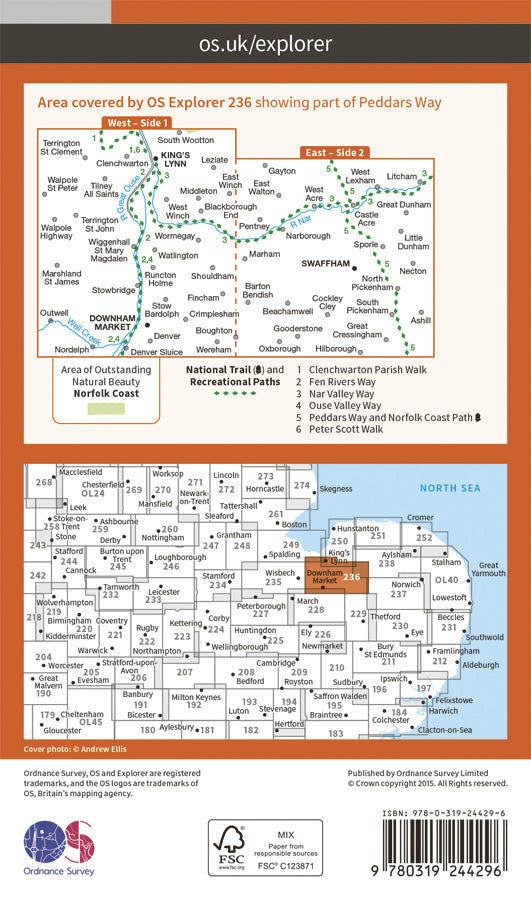 Carte de randonnée n° 236 - King's Lynn, Downham Market, Swaffham (Grande Bretagne) | Ordnance Survey - Explorer carte pliée Ordnance Survey Papier 