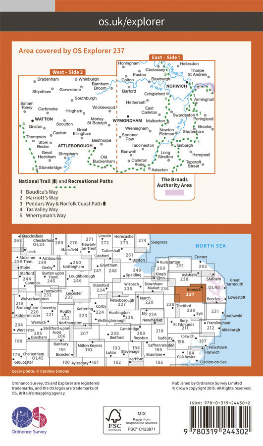 Carte de randonnée n° 237 - Norwich, Wymondham, Attleborough, Watton (Grande Bretagne) | Ordnance Survey - Explorer carte pliée Ordnance Survey Papier 