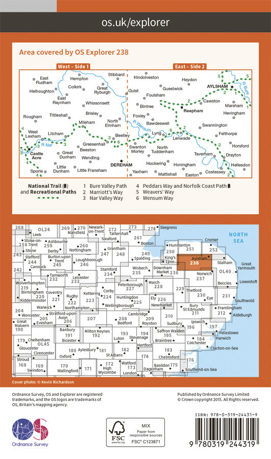 Carte de randonnée n° 238 - Dereham, Aylesham, Castle Acre, Reepham (Grande Bretagne) | Ordnance Survey - Explorer carte pliée Ordnance Survey Papier 