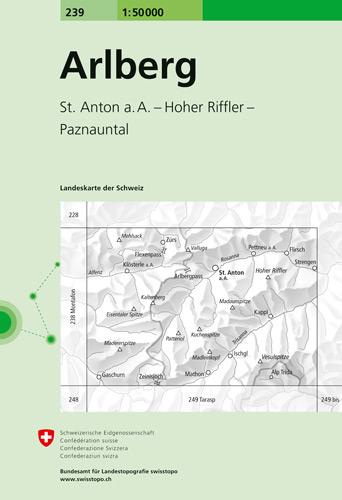 Carte de randonnée n° 239 - Arlberg (Suisse) | Swisstopo - 1/50 000 carte pliée Swisstopo 