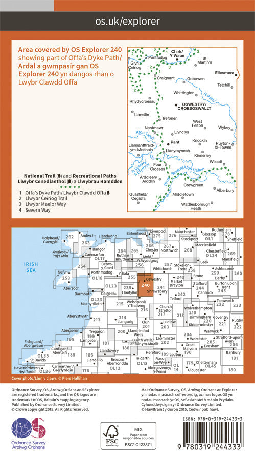 Carte de randonnée n° 240 - Oswestry, Croesoswallt (Grande Bretagne) | Ordnance Survey - Explorer carte pliée Ordnance Survey Papier 