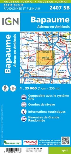 Carte de randonnée n° 2407 - Bapaume, Acheux-en-Amiénois | IGN - Série Bleue carte pliée IGN 