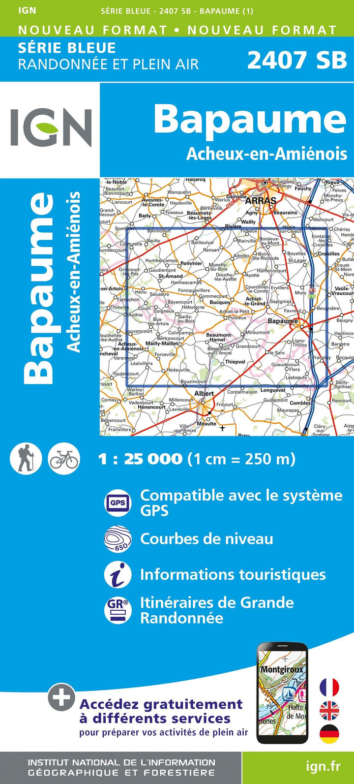 Carte de randonnée n° 2407 - Bapaume, Acheux-en-Amiénois | IGN - Série Bleue carte pliée IGN 