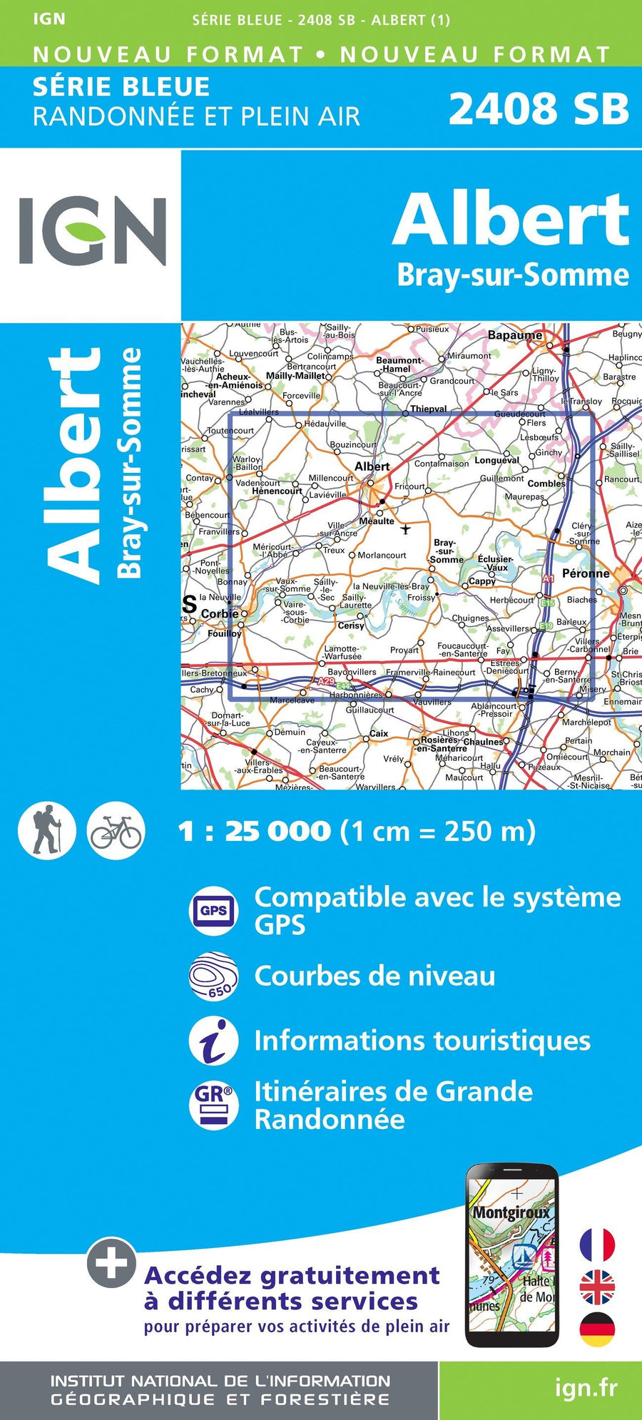 Carte de randonnée n° 2408 - Albert, Bray-sur-Somme (Somme) | IGN - Série Bleue carte pliée IGN 