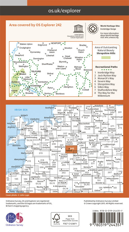 Carte de randonnée n° 242 - Telford, Ironbridge, the Wrekin (Grande Bretagne) | Ordnance Survey - Explorer carte pliée Ordnance Survey Papier 