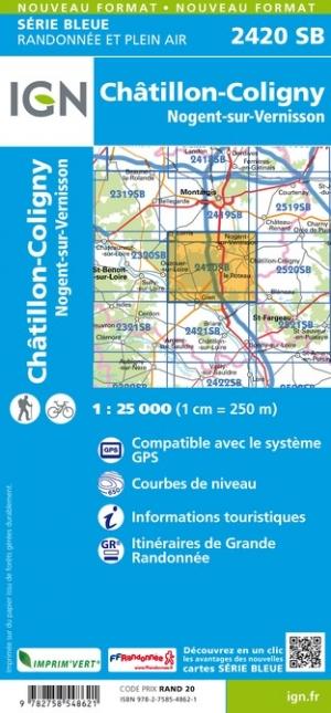 Carte de randonnée n° 2420 - Châtillon-Coligny, Nogent-sur-Vernisson | IGN - Série Bleue carte pliée IGN 