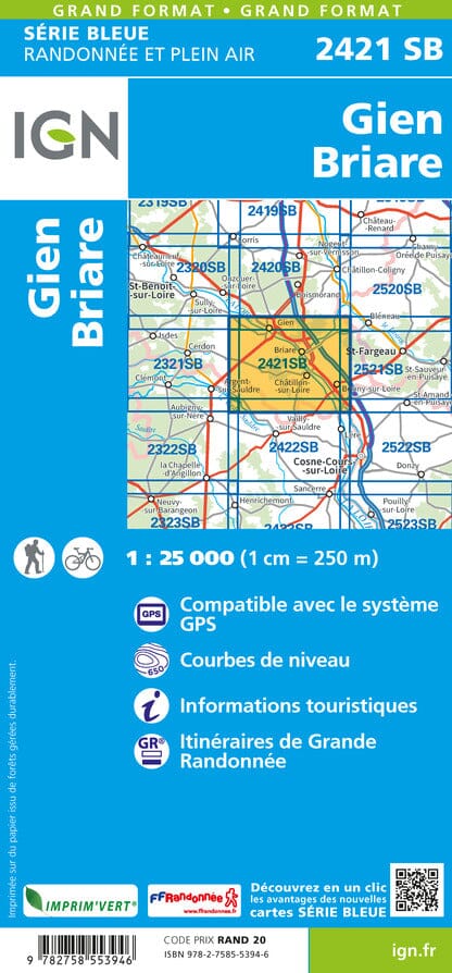 Carte de randonnée n° 2421 - Gien, Briare | IGN - Série Bleue carte pliée IGN 